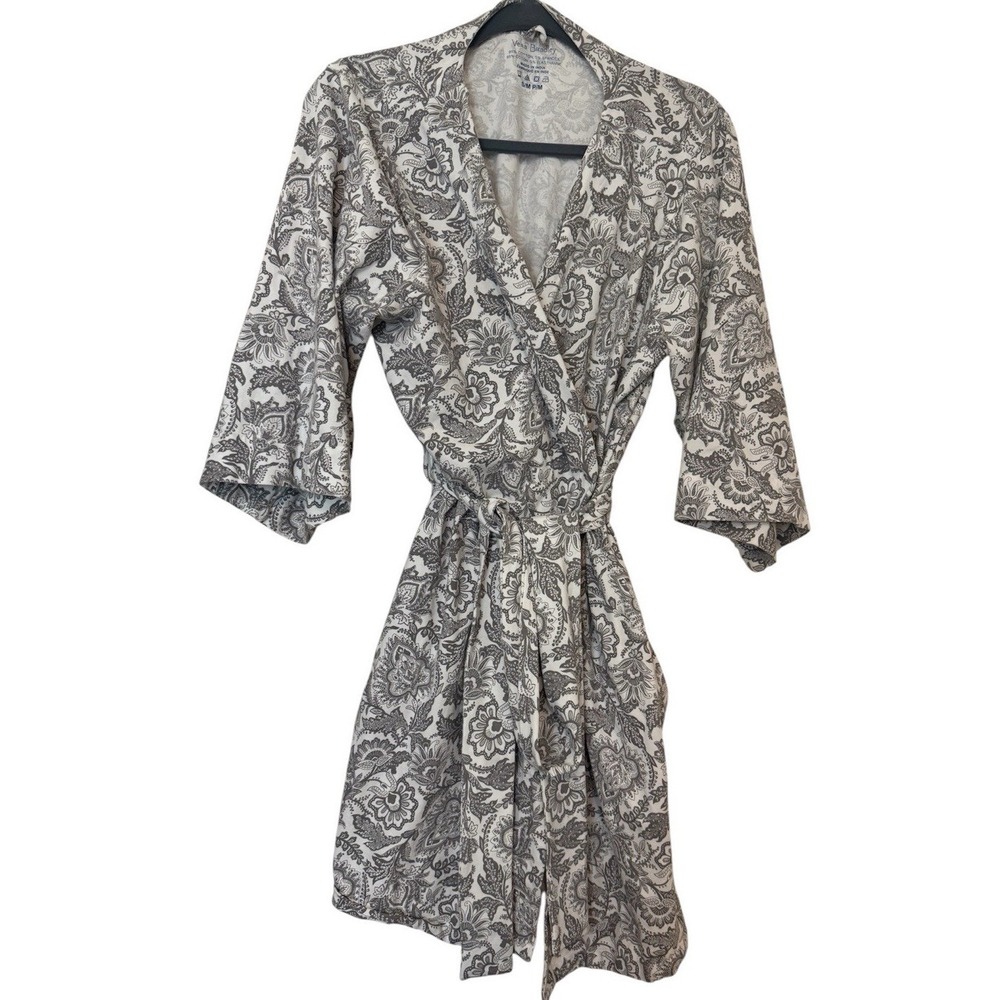 Vera Bradley Knit Cotton Spandex Paisley Wrap Robe S/M Grey White Neutral